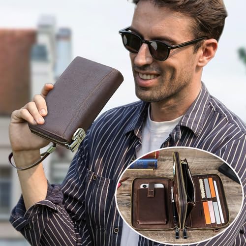 CONTACTS Full Grain Leather Airtag Passport Holder Travel Clutch Wallet with Code Lock Phone Organizer Large Wristlet Zipper RFID Purse2