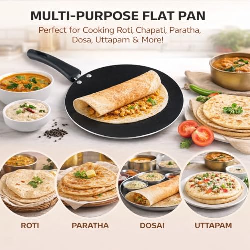 Image of Non-Stick Concave Tawa 25 cm 3mm Thick Heavy Base Induction & Gas Compatible Black Series Multi-Purpose Flat Pan for Roti, Chapati, Paratha, Dosa, Uttapam