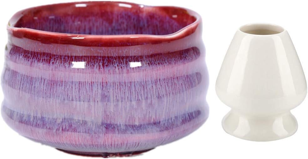 Matcha Ceramic Tea Bowl+ Matcha Whisk Holder fit for Traditional Japanese Tea Ceremony (Purple and Red)
