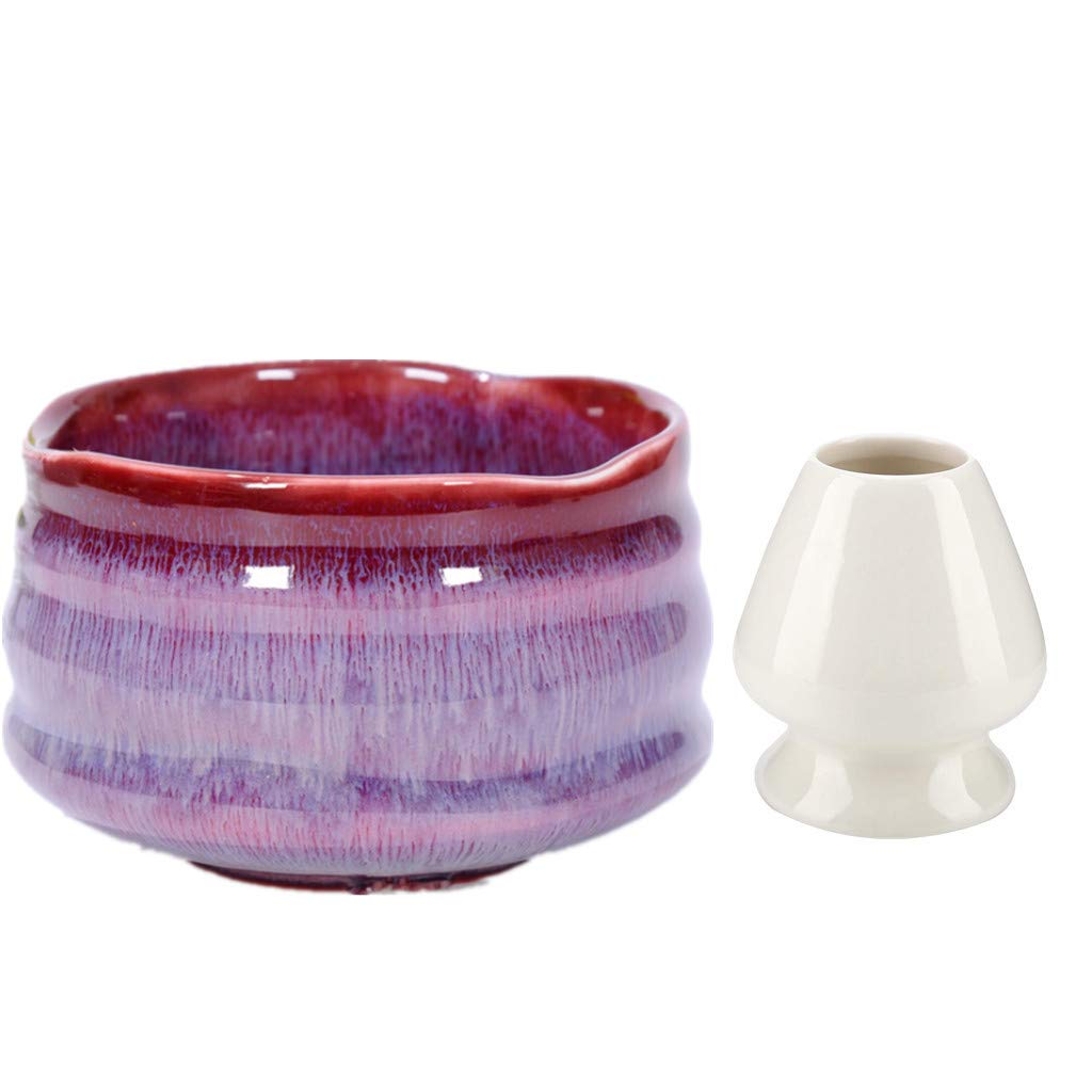 Matcha Ceramic Tea Bowl+ Matcha Whisk Holder fit for Traditional Japanese Tea Ceremony (Purple and Red)