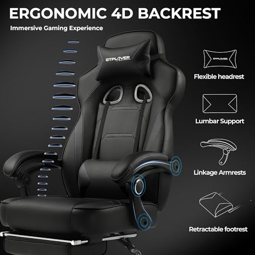 GTPLAYER Gaming Chair with Footrest, Big and Tall Computer Game Chair 350lb Racing Style, Ergonomic High Back Lumbar Support and Recliner, Black