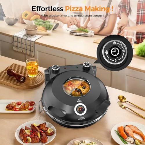 Pizzaiolo Elettrico, Forno per Pizza Portatile da Interno da 1200 W, Controllo della Temperatura 50-420 ℃, Riscaldamento su Doppia Faccia, Rivestimento Antiaderente, per Pizze/Nachos/Fajitas/Omelette