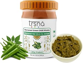 Trsna Banarasi Green Chilli Pickle 100 Grams | Banarasi Hari Mirch ka Achaar | Spicy & Tangy Flavour | Traditional UP Style Green Chilli Pickle | Premium Gourmet Achaar Made in Uttar Pradesh