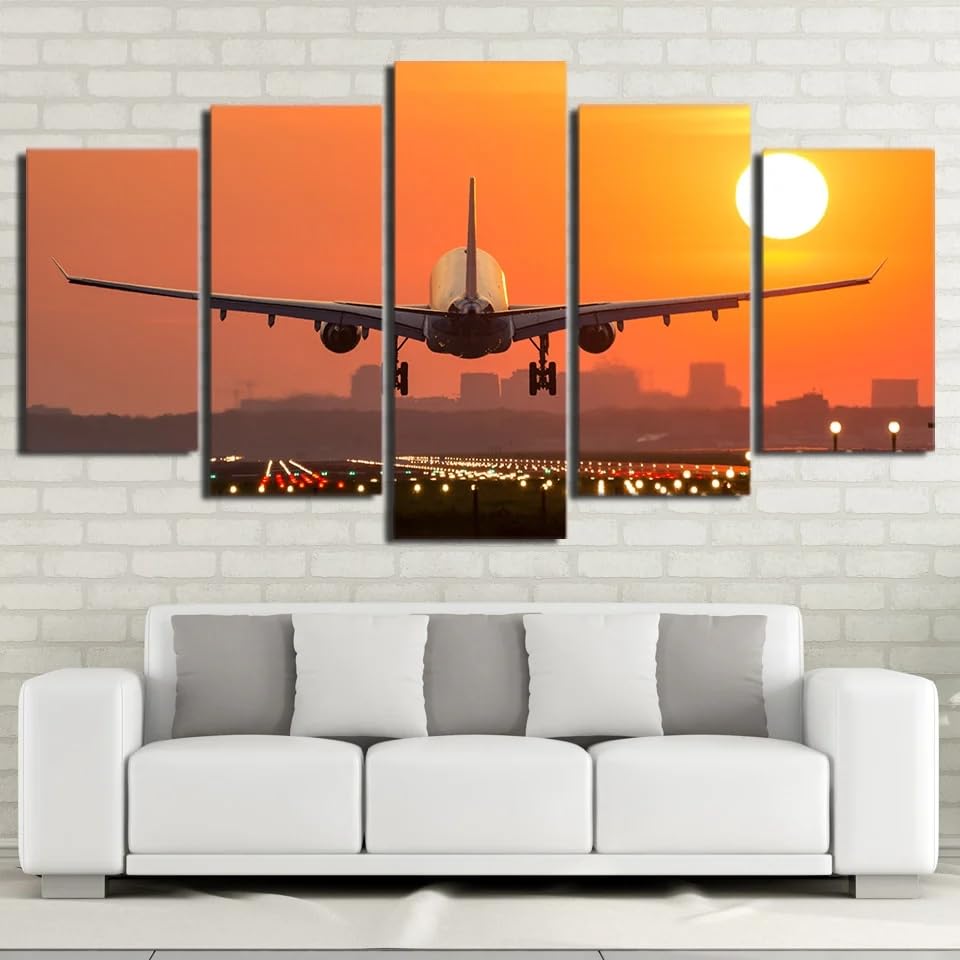 Tableau Avion au Coucher de Soleil en 5 Parties pour Salon