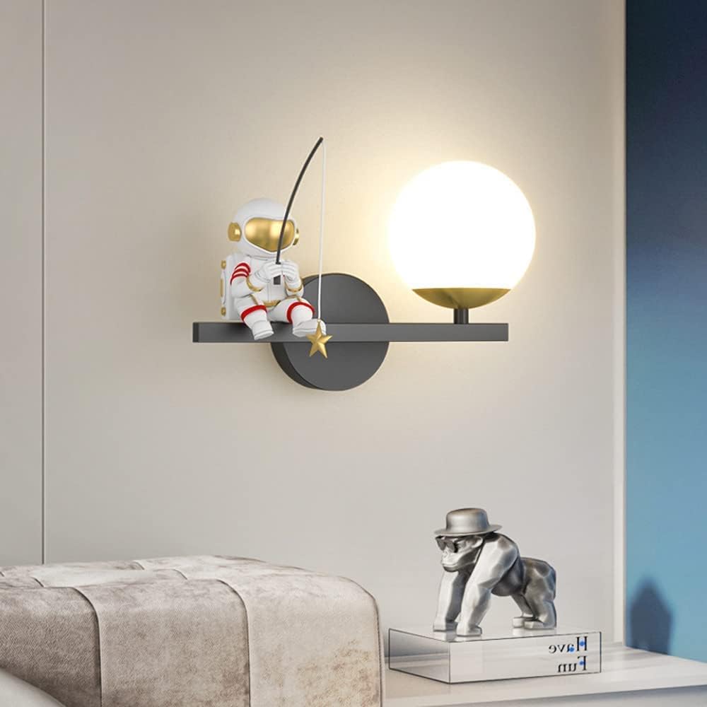 Cartoon Astronaut Sconce Wall Lighting Fixture, Wall Mount Lights for Children's Room and Girls Boys Bedroom - Headboard Lamp with Globe Acrylic Shade,5W,3-Color Mode (Black)