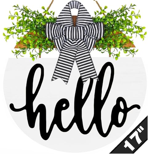 17 Inch Welcome Sign for Front Door Porch Decor, Bigger Than Other 12 Inch Signs, Φ45cm Farmhouse Wreath, Round Wood 3D Wreath Door Hanging with Bow & Greenery