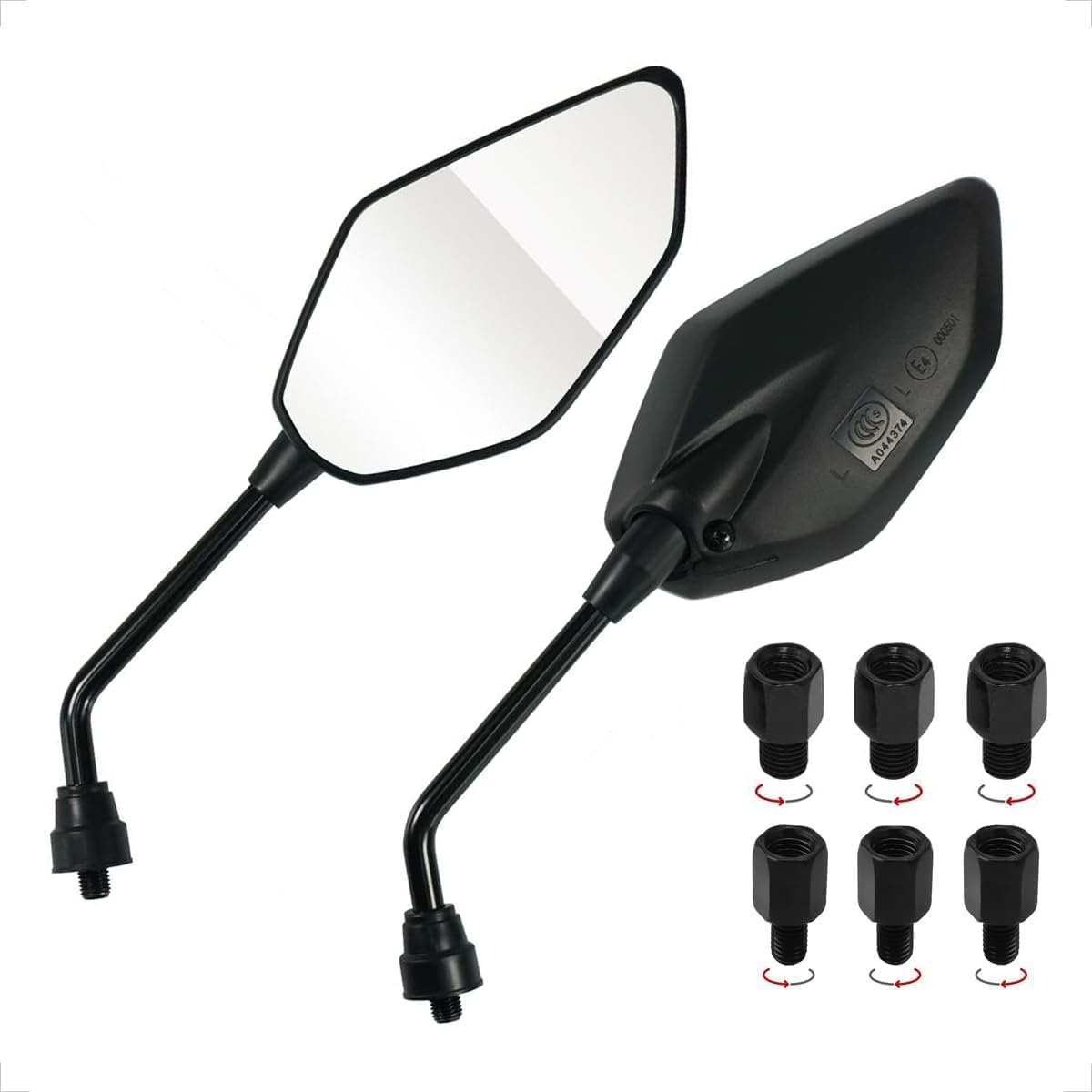 Evermotor Uniwersalne lusterko wsteczne do motocykla, skuter, homologacja E, lusterko wsteczne E4, 1 x gwint M10 po prawej stronie + 1 x gwint M10 po lewej stronie, 2 x gwint M8 prawy + 1 x gwint M8