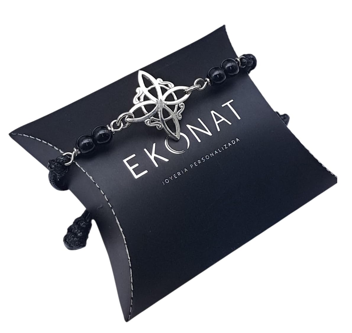 Pulsera Nudo de Bruja plata de ley con agatas negras - nudo de bruja ajustable macrame - pulsera protección - amuleto protector nudo de brujas -