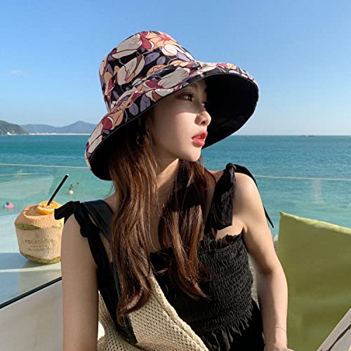 Huamulan Women Wide Brim Summer Sun Hat Wired Edge Floral Beach Bucket Hats Reversible Foldable Fishing Travel Uv Protection Lady Hat Windproof Chin Cord String #TOP4