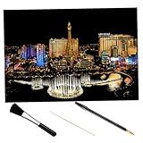Homoyoyo DIY Kratzbild Teilig Las Vegas Stadt Nachtlandschaft Kratzpapier mit Bambusstick Vergoldetem Stift und Schwarzem Pinsel Bunte Kratzmalerei für Kreative Wanddekoration