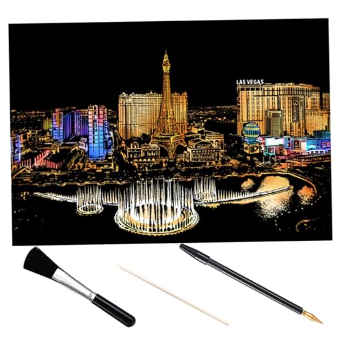 Homoyoyo DIY Kratzbild Teilig Las Vegas Stadt Nachtlandschaft Kratzpapier mit Bambusstick Vergoldetem Stift und Schwarzem Pinsel Bunte Kratzmalerei für Kreative Wanddekoration Homoyoyo DIY Kratzbild Teilig Las Vegas Stadt Nachtlandschaft Kratzpapier mit Bambusstick Vergoldetem Stift und Schwarzem Pinsel Bunte Kratzmalerei für Kreative Wanddekoration