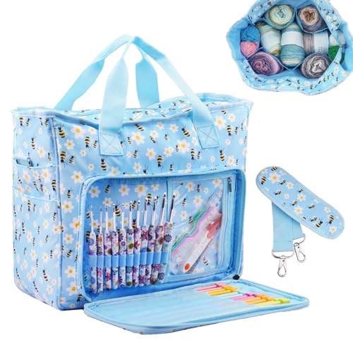 Image of Mdoker Knitting Bags and Totes Organizers Large Crochet Bag Lightweight Yarn Bags for Travel Yarn Storage Organizers for Crochet Hooks,Yarn,Knitting & Crochet Supplies(Blue Bee)
