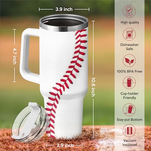 Image of Baseball Tumbler with Handle 40oz, Insulated Stainless Steel Cup with Lid & Straw, Gifts for Men, Boys, Players, Coaches, Sports Lovers, Christmas, Birthday