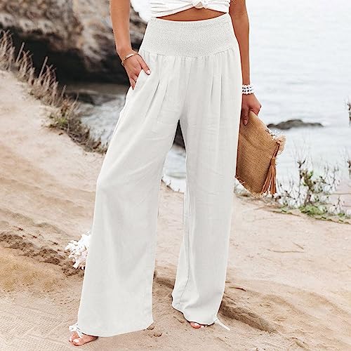 Womens Linen Palazzo Pants Wide Leg High Waisted Lounge Casual Long Pants with Pockets Beach Travel Vacation Outfits3