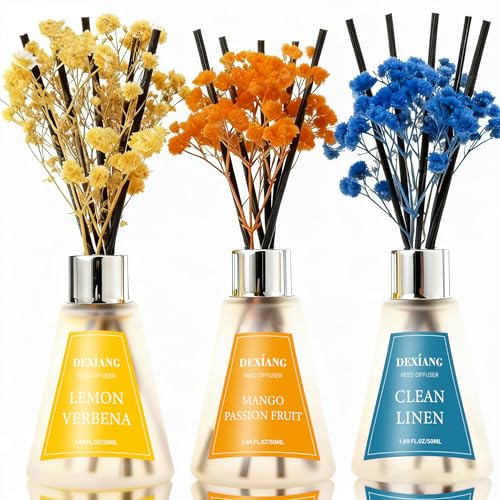 Reed Diffuser Set of 3 Pack, Lemon Verbena/Mango Passion Fruit/Clean Linen Oil Diffuser Reed Diffusers for for Home, Bathroom, Office Decor, 1.7 Fl.oz, Total 5.1Oz - image 1
