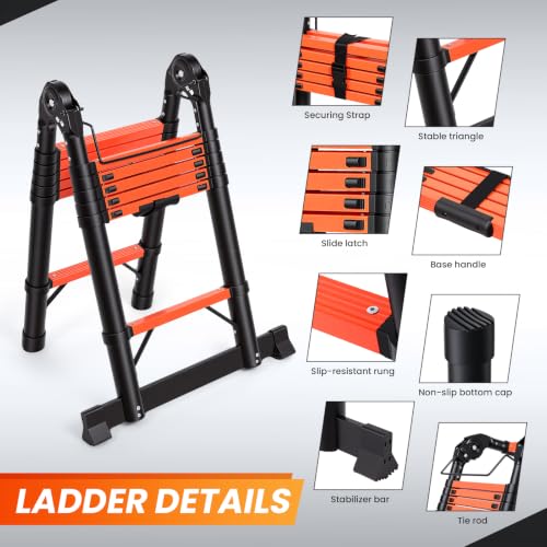 Image of Telescoping Ladder 12.5 FT A Frame, Extension Multi-Purpose with Balance Bar Heavy Duty 330 lbs Max Capacity for Home and Outdoor Work, Orange