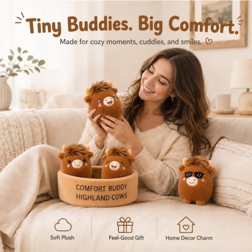 Image of Emotional Support Highland Cow Plush Set, 5 Soft Squishy Toys Stuffed Animal with Carrying Basket, Cute Cuddly for Loved Ones of All Ages, Stress Relief Funny Gifts (Highland Cow)