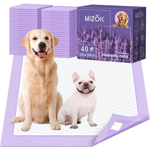 Image of MIZOK Dog Pee Pads 30x36in, Pee Pads for Dogs XL Lavender Scented Odor Eliminating Super Absorbent Up to 10 Cups with 6-Layer Leak-Proof Quick-Dry Purple (40 Counts)
