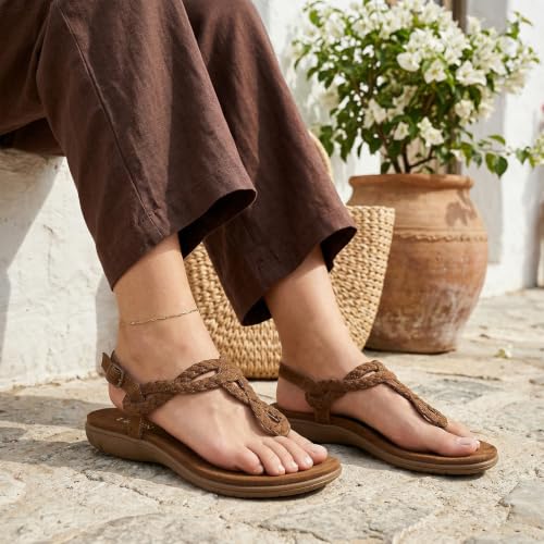 Image of UBFEN Womens Flat Sandals T-Strap Thong Sandals with Arch Support | Braided Upper, Lightweight, Comfortable for Walking, Flip Flop with Back Elastic Strap