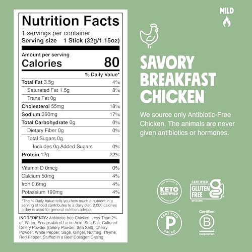 Image of Chomps Savory Breakfast Chicken, Antibiotic Free, 10ct, Protein Snack Stick | Keto, Paleo, Gluten Free Chicken Stick, Zero Sugar Food, Whole30 approved, Low Carb Snack, On-The-Go Nutrition, 12g Protein