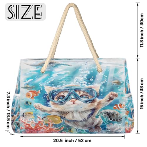 cfpolar Ocean Cat Diving Sumer Beach Bag for Women Ladies Large Beach Pool Tote Bag Sandproof Beach Tote with Zipper Gym Tote Carry On Bag Reusable Grocery Shopping Bag for Weekender Travel Daily2