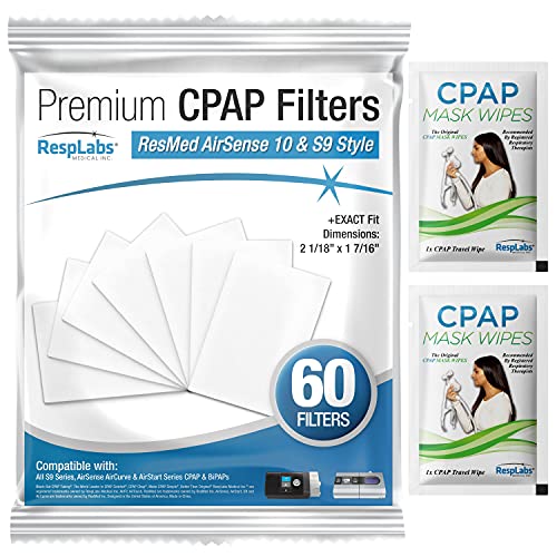 RespLabs CPAP Filters for The ResMed AirSense 10, S9 & AirCurve Machines - Dust Filtering, Dander Straining, Air Purifying. CPAP Machine Inlet Filtration - 60 Filter Pack