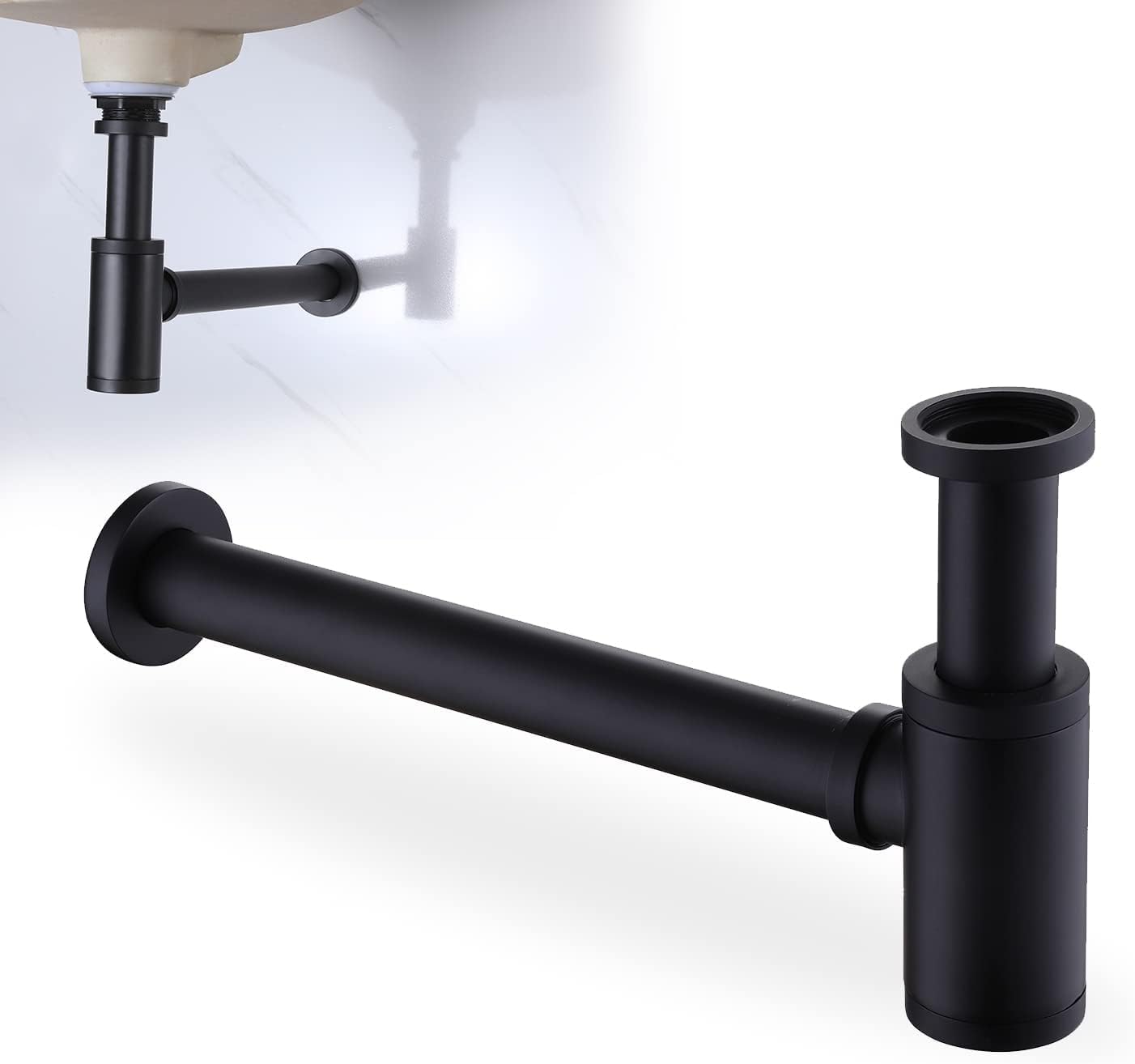 InArt® Heavy Duty Brass Bottle Trap for Wash Basin & Kitchen Sink | Matt Black Finish with 12 Inch Pipe & Wall Flange | Anti-Clog, Rust-Proof, Reusable, Easy Installation (Black Matt)