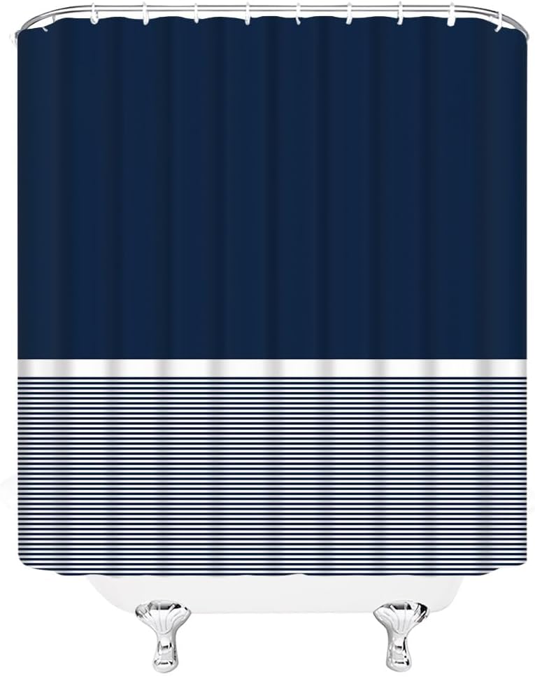 Navy Blue and White Striped Shower Curtain Modern Fashion Design Minimalist Geometric Boho Farmhouse Fabric Bathroom Decor Set with Hooks,(70" Wx74.8 H)