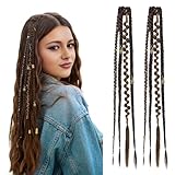 REECHO Clip in Braid Hair Extensions for Women, 16' Boho Dreadlock Clip in Braids with Beads & Charms, 2PCS Handmade Synthetic Braided Hairpieces for Cosplay Daily Styling, Dark Brown Mix