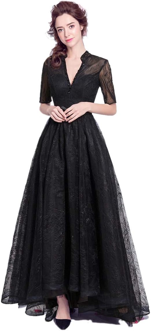 Amazon Ominefans 綺麗ロングドレス 着痩せ ゲストドレス 半袖 総レース パーティドレス 女性 スタンドカラー 縫いの人造真珠 ワンピース イブニングドレス 通販