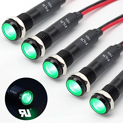 FILN 5Pcs 8MM (5/16'') Indicator Light led Indicator 110V 220V Metal Pilot Lamp Lights Aluminum Black Anodized Waterproof ip67 Red Signal Lamp Light(110V-Brass Nickel Plated-Blue 5Pcs)