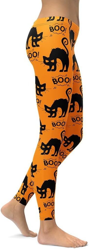 FIERCEPULSE Black Kitty Halloween Leggings for Women – Cute Cat Print Yoga Pants – High Stretch, Squat Proof Leggings
