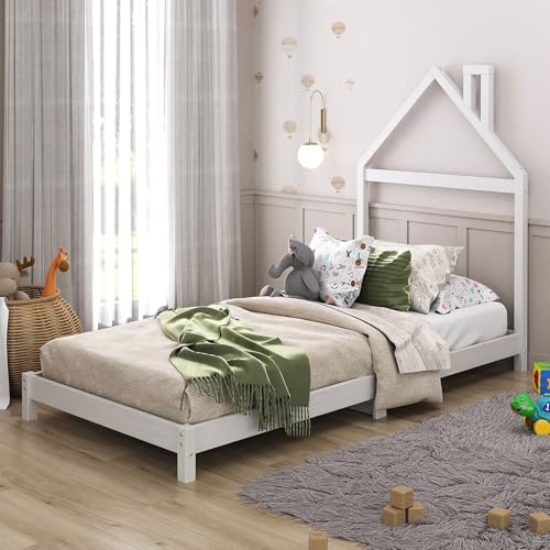 IDIMEX Kinderbett Liz 90x200 cm in Hausoptik aus Massivholz weiß - Bodenbett für einfaches EIN- und Aussteigen, Montessori Kinderzimmer