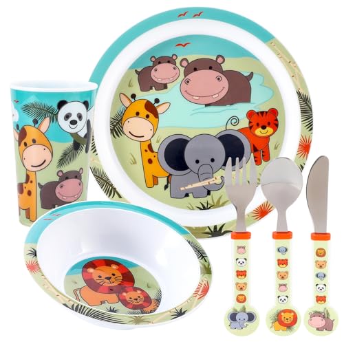 Animal Kids 6 Piece Reusable Dinner Set - Plate/Bowl/Cup/Knife/Fork/Spoon - Childrens Dinnerware Tableware Cutlery Set