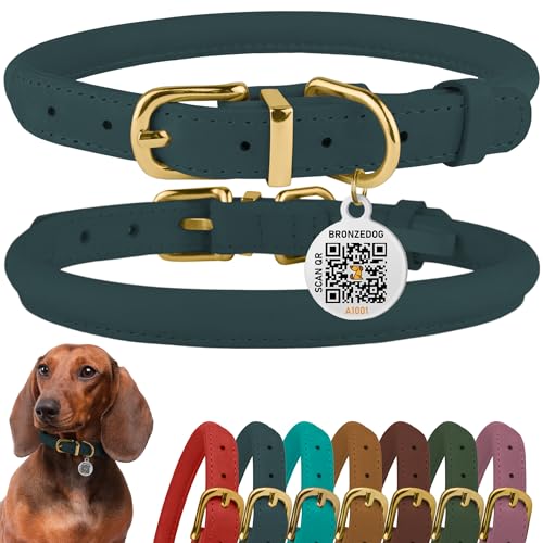 BronzeDog Rolled Leather Dog Collar with QR ID Tag, Adjustable Soft Round Collars for Small Medium Large Dogs Puppy (7" - 10" Neck Size, Denim)