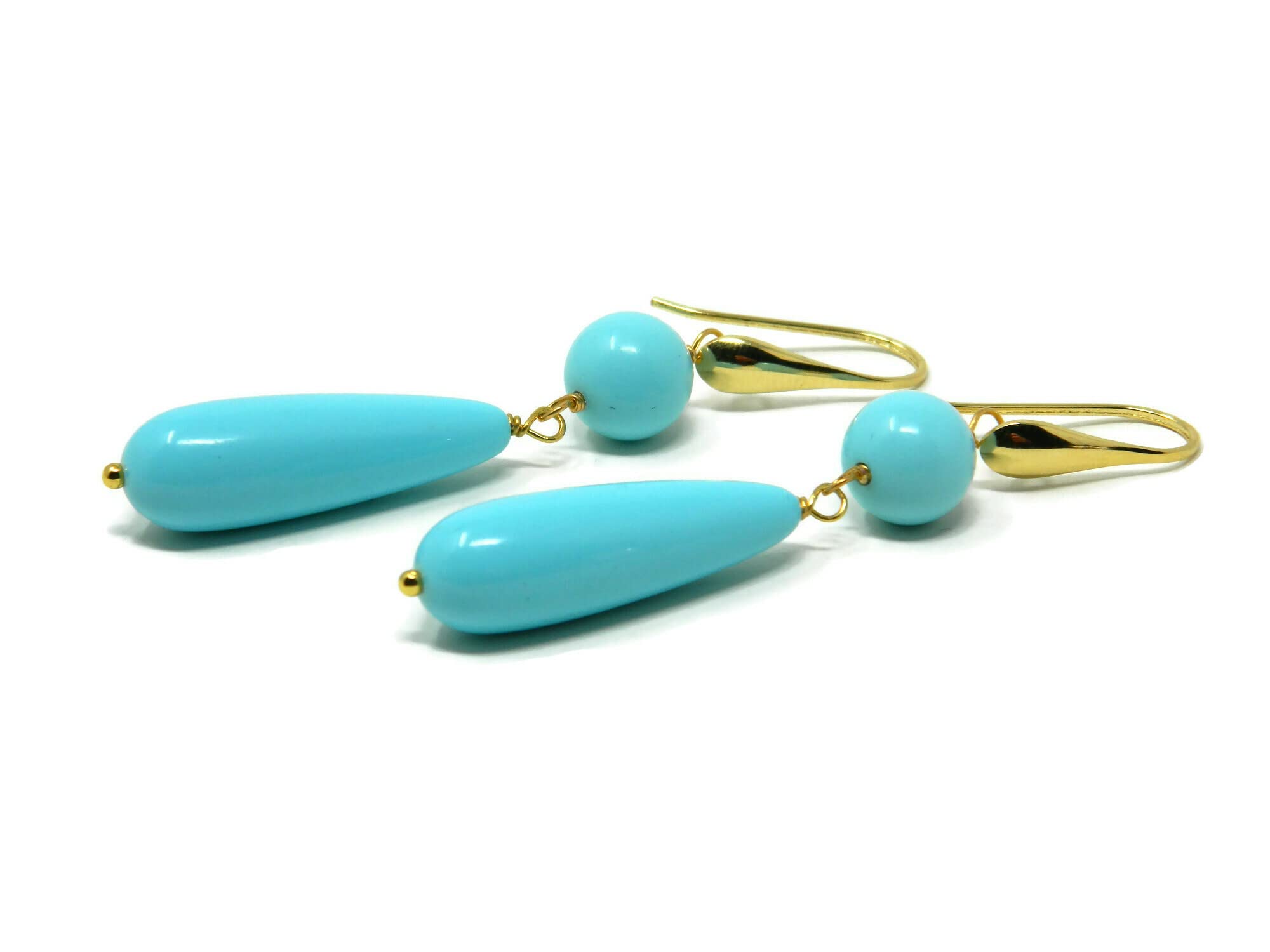 DodiGioielli Orecchini Pendenti Donna Pasta di Turchese Goccia | Goccia Liscia 10x30 mm, Pallina 10 mm, Gancetto Argento 925 Placcato Oro, Handmade, Made in Italy