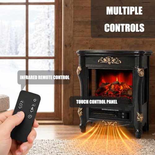 Image of FESTIVITY 18 inch Electric Stove Fireplace, 1500W Thermostat with 5100 BTU Heat Output, Adjustable Flame & Brightness Levels, Portable Electric Fireplace for Bedroom & Living Room-Black & Gold