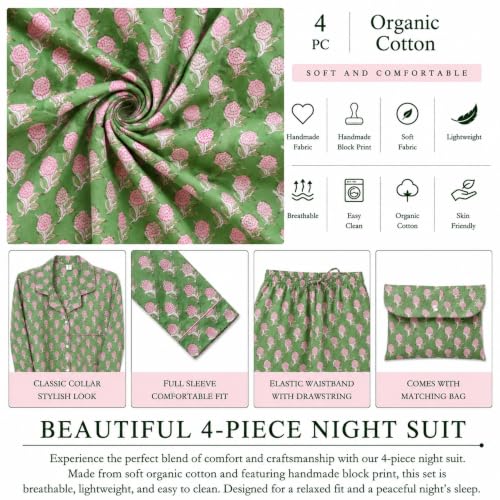 Image of Huar Women Pajama Set, 4 pcs Button Down Vacation Beach Cotton Set, Lounge wear PJ Set For Birthday