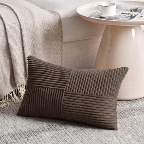 Image of Fancy Homi 2 Packs Dark Brown Lumbar Decorative Throw Pillow Covers 20x28 Inch for Living Room Couch Bed, Rustic Farmhouse Boho Home Decor, Soft Striped Corduroy Rectangle Accent Cushion Case 50x70 cm