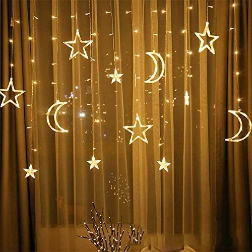 jingyuKJ LED Fairy Lights,LED Star Moon Fairy Garland Lamp Window Curtain String Lights for Christmas Romantic Weddings Home Bedroom Party Decorations Lighting Warm Light(Battery Model)