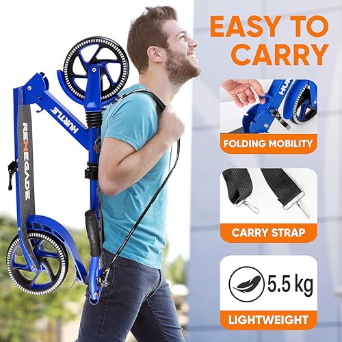 Image of Hurtle Renegade Kick Scooter for Kids, Teenagers & Adults - 2-Wheel Folding Scooter with Adjustable T-Bar Handlebar - Alloy Anti-Slip Deck