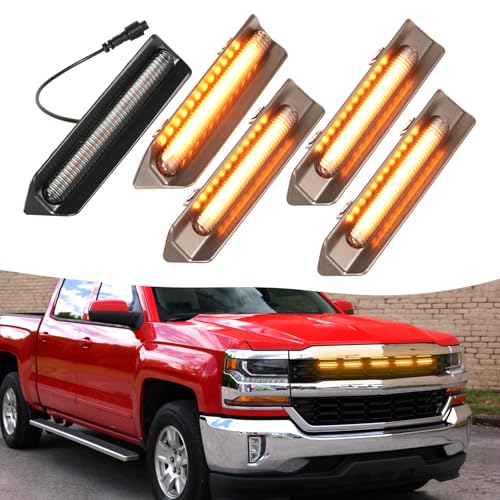 Image of LED Front Grill Lights for 2016 2017 2018 Chevy Silverado 1500 Accessories | Fits Silverado Custom WT LT LS Only Grille Light Bar with adaptor fuse Waterproof smoked lens Bright 6000K Silverado lights