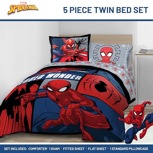 Image of Marvel Spiderman Twin Comforter Set 5 Piece Kids Bedding for Boys, Multi | Bed in a Bag, Comforter Sheets Sham Pillowcase, Official Product, Soft Microfiber, Machine Washable, Easy Care, Boys Gift