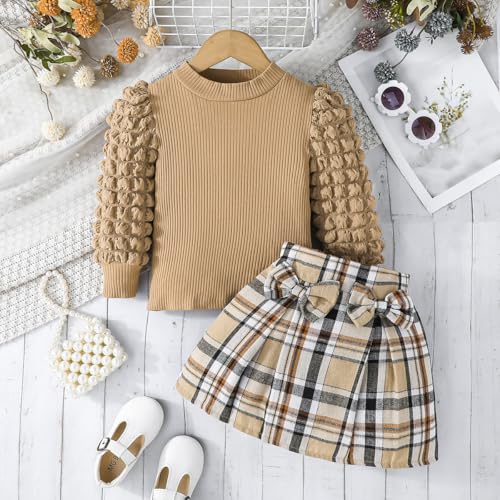 Noubeau Toddler Girls Plaid Outfits Girls Puff Sleeve Knit Ribbed Shirt Tops Plaid Skirt Set Kids Fall Winter Clothes2
