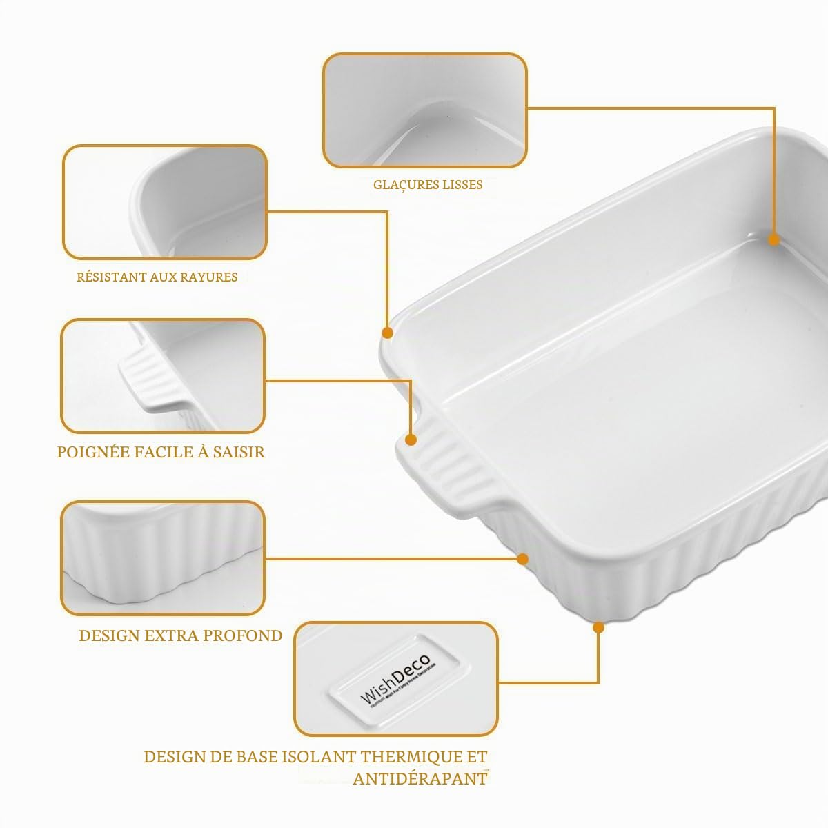 WishDeco Lot de 4 Plats à Four en Céramique, Plat à Gratin avec Poignées Rectangulaire Blanc, Idéal pour Tartes, Gratins, Gâteaux et Lasagnes, Résistant au Four