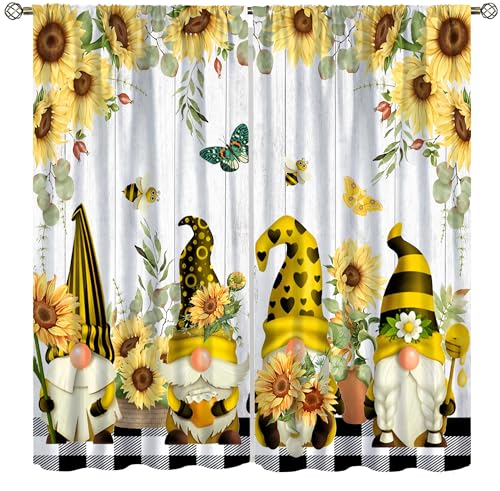 SYZWWSYX Farmhouse Sunflower Curtains Cute Bee Gnomes Yellow Floral Farm Pattern Print Drapes for Bedroom Living Room Kitchen Window Treatments 42x45 Inch