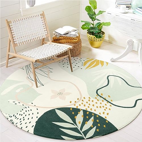 Lahome Boho Round Rugs – 4Ft Washable Non-Slip Small Round Area Rug Throw Soft Cute Round Nursery Rug Non-Shed Lightweight Bathroom Rug, Green Botanical Print Circle Rug for Bedroom Dorm Kids Room