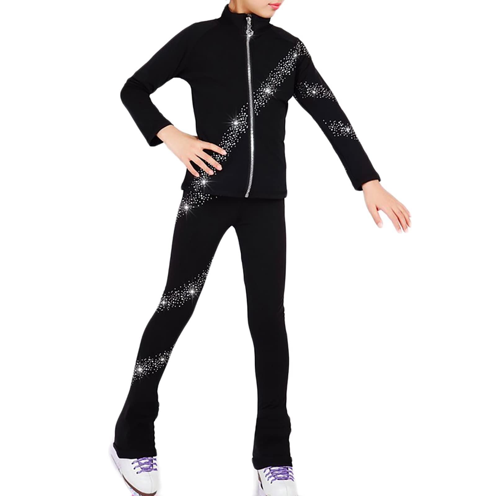 Chaqueta de Patinaje Artístico con Pantalones para Niña Mujer Entrenamiento Pantalones Largos Patinaje sobre Hielo Gimnasia con Diamantes de Imitación(Size:S.G,Color:Negro)
