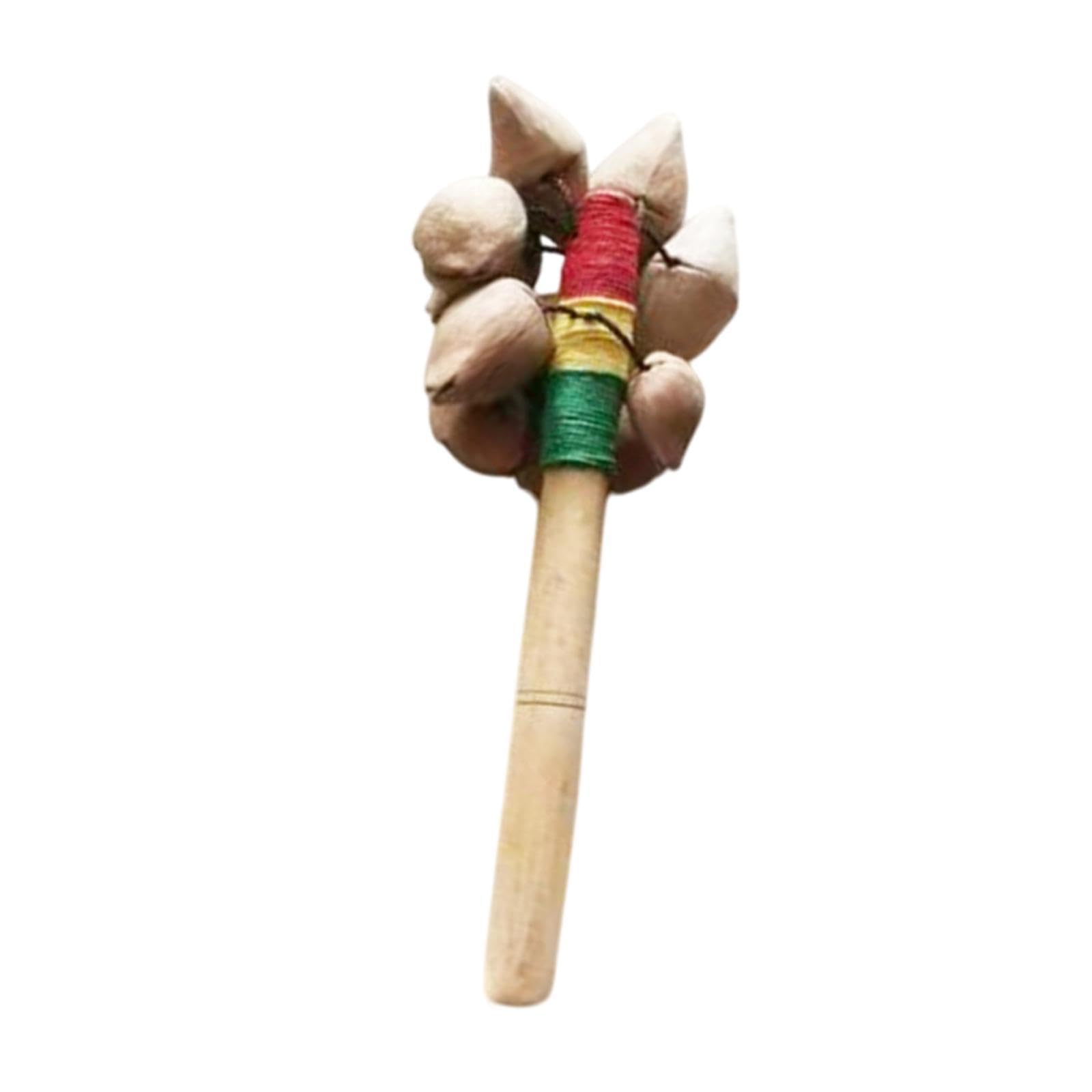 Menolana Nut Shell Shaker with Wood Handle Stick Rattle Hand Wind Chimes Unique Nut Shell Percussion Hand Bell Percussion for Holiday