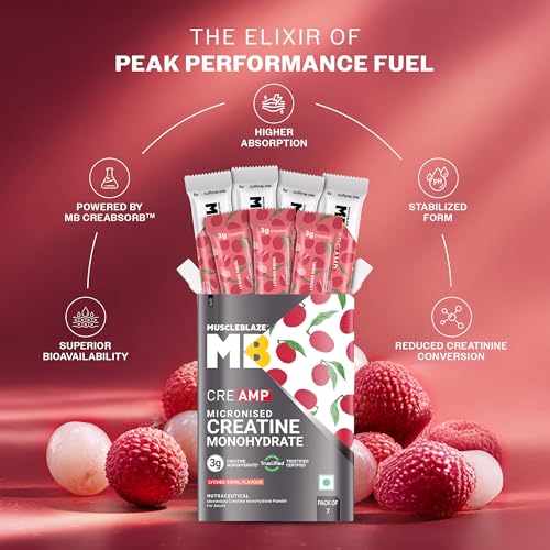 Image of MuscleBlaze Micronised Creatine Monohydrate CreAMP Powder, 7 Sachets | Lychee Swirl | Trustified Certified Creatine